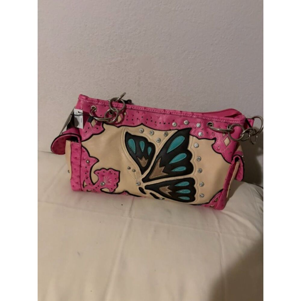 Cowgirl Trendy Pink & Cream Butterfly Rhinestone Western Shoulder Bag – New